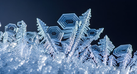 Macro photograph of beautiful snowflakes forming intricate shapes on a dark blue background