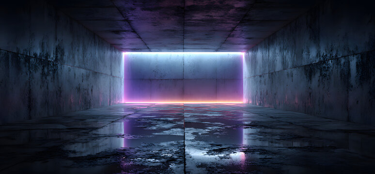Futuristic Sci-Fi Abstract Blue And Purple Neon Light Shapes On Black Background And Reflective Concrete With Empty Space For Text 3D Rendering - Powered by Adobe
