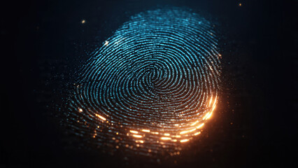 A mesmerizing digital fingerprint glowing with blue and orange light on a dark background, symbolizing biometric security, identity, and data technology.