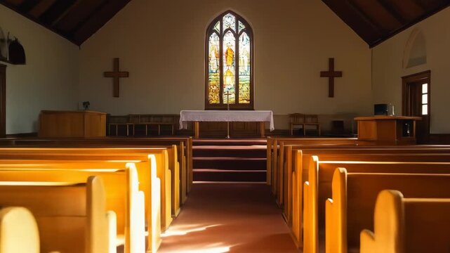 Inside a quiet church, sunlight streams through the stained glass window, illuminating the pews and crosses and enhancing the sense of faith.