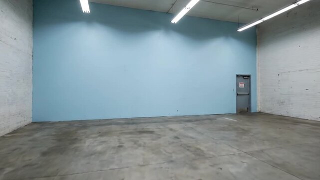 An expansive, empty industrial space featuring a prominent light blue accent wall contrasted with textured white brick on the adjacent walls. The vast concrete floor reflects the bright overhead fluor