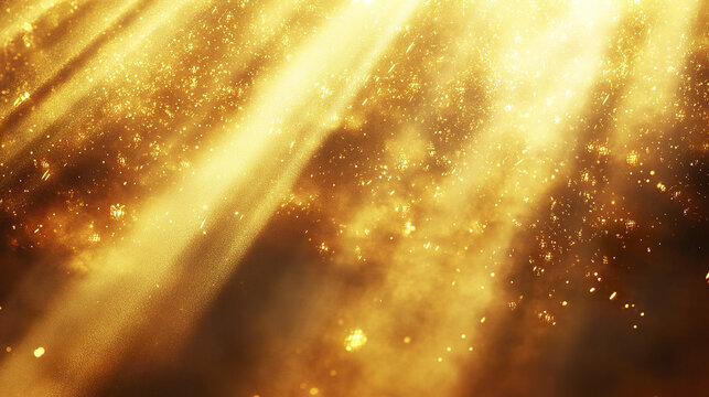 Golden light rays shining through dust particles create warm, glowing atmosphere with sparkling golden dust floating in air, evoking magical and radiant feeling