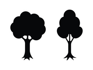 Tree silhouettes collection, black foliage shapes, diverse tree forms, nature icons, forest elements, vector design.