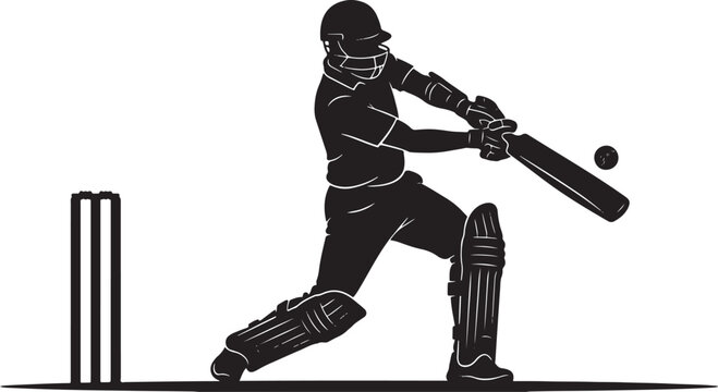 Black silhouette of a cricket batsman hitting ball on white background, vector