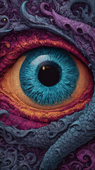 Weird abstract eye of fantasy monster in stylized chaos. Intense colorful close up view with ornate detail