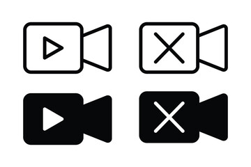 Video recording icons showing off and on states with play button. Vector art of camera off icon set symbol of disabled video call, meeting, or conference vector illustration of a crossed out camera.