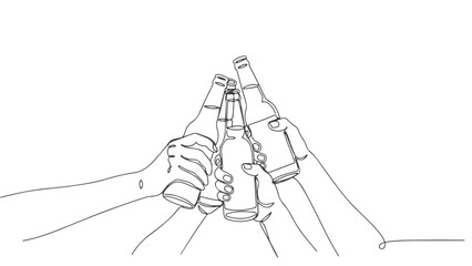 Continuous one line art drawing of people clinking beer bottles together in a toast, celebrating friendship and good times
