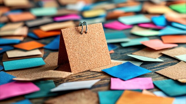 A corkboard calendar stands amidst a scattered collection of colorful paper pieces on a wooden surface, creating a vibrant and textured composition.