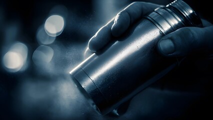 Person's hand using a cocktail shaker, mixing a drink in a bar. Bartender hand shaking beverage, cocktail mixer bottle in a lively social event, night party. Cocktail shaker barware beverage mixer.