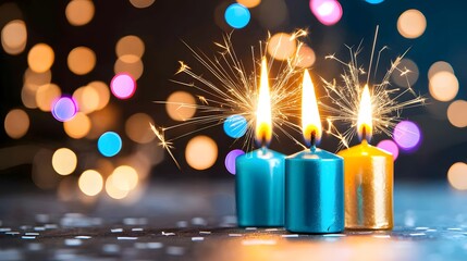 Festive Candles with Sparklers and Bokeh Lights for Celebration