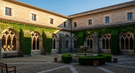 Obraz premium Sun-drenched Medieval Cloister with Ornate Stone Arches and a Central Fountain, Evoking Tranquil European Architectural Heritage