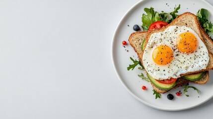 Overhead view of a delicious egg sandwich on a white plate with avocado, tomato, and greens, on a white background.