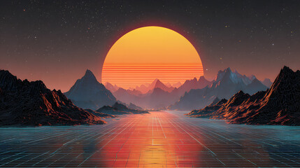 Fototapeta premium Retro Sci-Fi Background Futuristic landscape of the 80s. Digital Cyber Surface. Suitable for design in the style of the 1980`s
