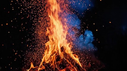 Dynamic close-up of a roaring bonfire with vibrant orange and yellow flames dancing vigorously against a dark, smoky night sky. Numerous fiery sparks erupt and ascend, creating a mesmerizing spectacle