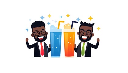 Happy African American Businessmen Celebrating Success with Refreshing Drinks Vector