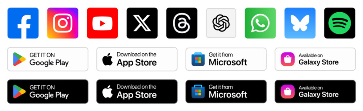 Popular social media logo icons with Google Play and App Store download buttons in a clean vector design on a transparent background for mobile and web use.