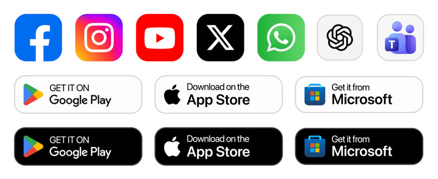 Popular social media logo icons with Google Play and App Store download buttons in a clean vector design on a transparent background for mobile and web use.