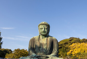 Great Buddha of Kamakura against a clear blue sky, capturing the serene expression of the iconic Daibutsu statue
