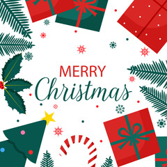 Merry Christmas greeting design, White festive banner with presents, gifts, holly, Christmas tree and spruce branches around the outside