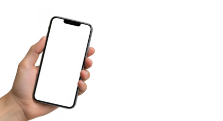 Hand holding a modern smartphone with a blank white screen on a dark backdrop transparent background