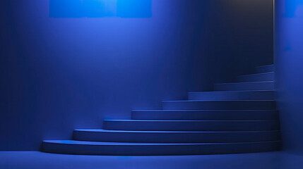 Obraz premium Blue curved staircase with soft light and shadow creating mysterious and calm atmosphere in modern interior space