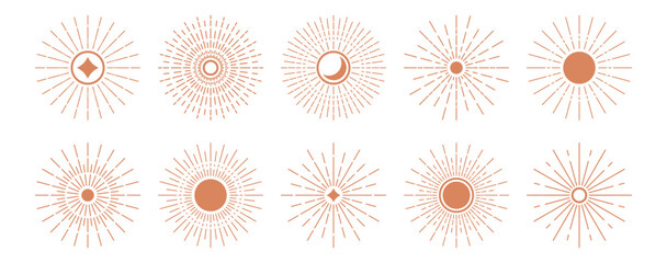 Boho sun on the horizon in minimal line art vector. Elegant shapes with calm atmosphere.