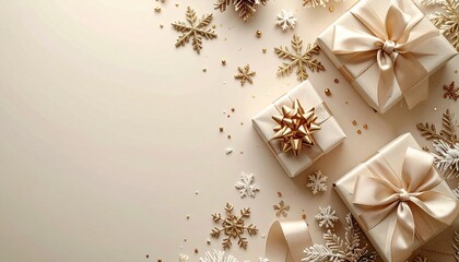 Holiday Gift Elegance: Presents adorned with ornate ribbons and snowflake embellishments arranged gracefully on a subtle background. Capturing the spirit of giving and celebration.