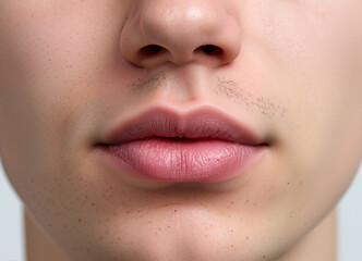 Fototapeta premium Smooth male lips are featured in close-up, showcasing subtle textures and natural skin details, providing an intimate glimpse into personal grooming, beauty