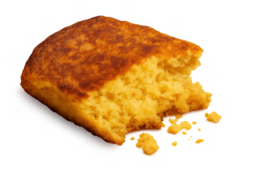 Cornbread segment with a bite taken out, showing crumbly texture and golden crust, on transparent background