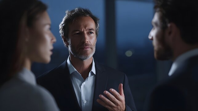 Three business professionals in a late night meeting engaged in a serious discussion with gestures highlighting collabo n and decision making