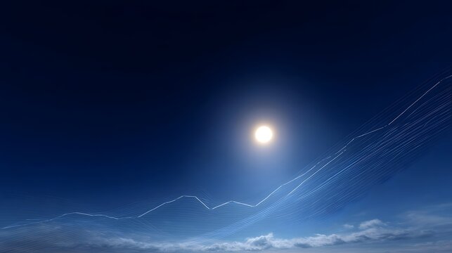A bright orb illuminates a deep blue sky with flowing abstract linear patterns and hazy clouds