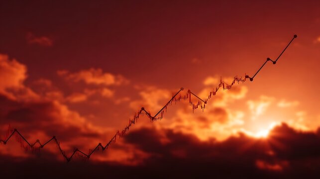 Financial chart displaying upward trends superimposed on a dramatic cloudy sunset sky
