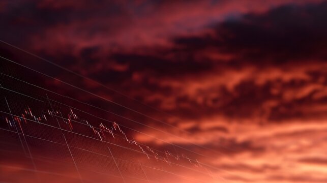A downward trending financial chart is superimposed on a dramatic fiery crimson sunset sky symbolizing economic decline