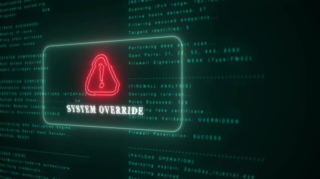 Digital Cyber Security System Override Alert with Exclamation Mark and Text warning