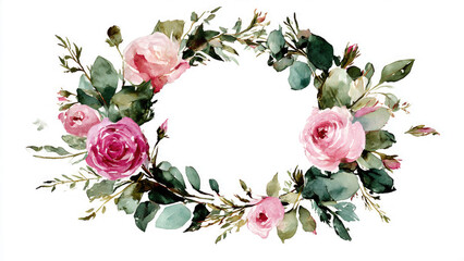 A beautiful watercolor floral wreath featuring delicate pink and fuchsia roses intertwined with lush green leaves and eucalyptus branches, perfect for elegant designs.