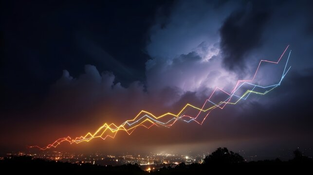 Colorful trend lines rise over a stormy night cityscape with lightning