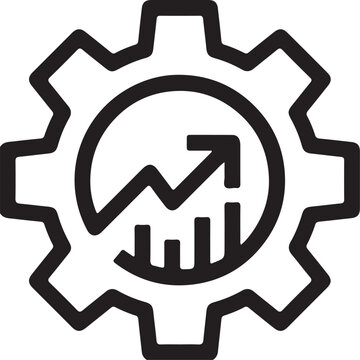 Black silhouette of a gear with a growth chart and upward arrow inside representing business growth and efficiency isolated on transparent background