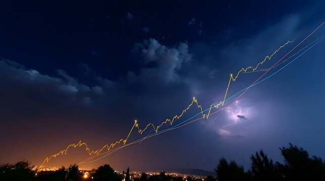 Overlay of financial trend lines on a dramatic stormy night sky with lightning symbolizing volatility and growth