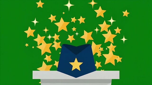 Animated blue magician hat releasing golden star confetti.
