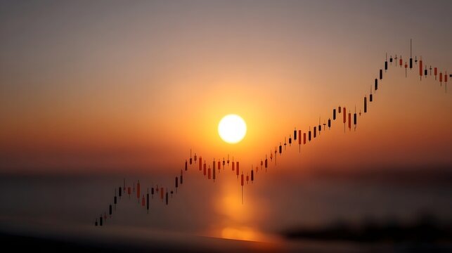 Bullish financial market trend visualized by a candlestick chart against a vibrant ocean sunset - Powered by Adobe