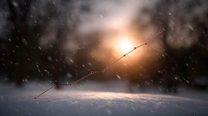 A rising trend line graph overlays a snowy winter landscape with a dramatic sunset and falling snow