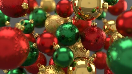 Festive and dynamic image of red, green, and gold Christmas baubles or ornaments scattered and floating in the air, perfect for holiday