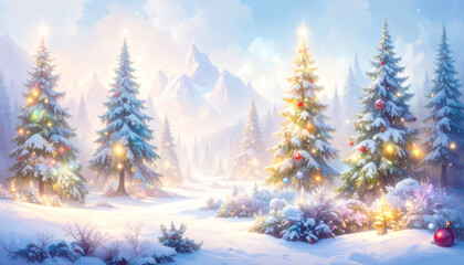 Naklejka premium Magical Christmas forest at night, wondrous winter scene with snowy trees and mountains creating peaceful holiday mood