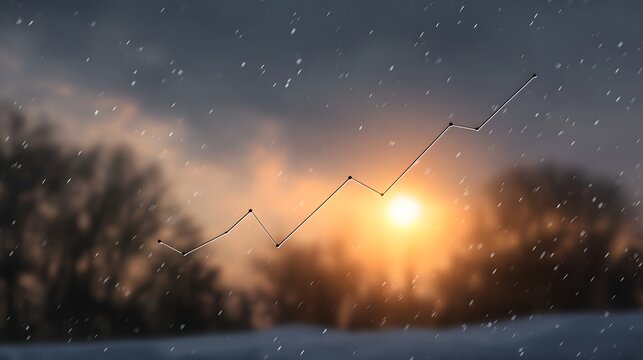 Abstract line graph showing a rising trend and growth against a dramatic winter sunset with falling snow symbolizing progress and success
