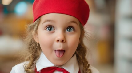 Little preschool girl in white shirt and red beret and bow tie playfully sticking out her tongue, showing happy, funny, silly facial expression. Playful portrait.
