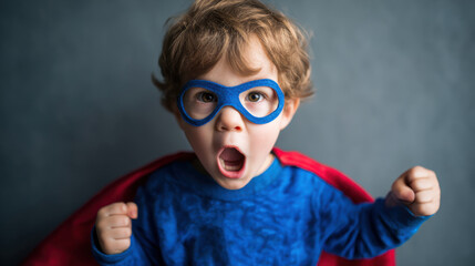 Kid dressed in a superhero costume with a red cape and blue mask making a strong pose on a studio background. Childhood power and overcoming challenge concept.