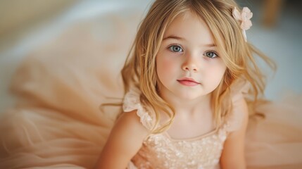 Little girl in an elegant princess dress with blonde hair looking at the camera. Portrait of a cute kid for a children birthday card.