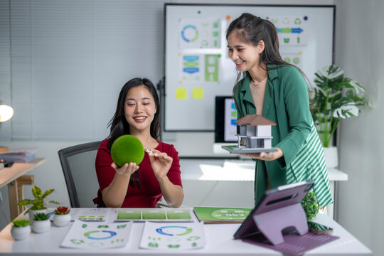Asian women architects collaborating on sustainable house model