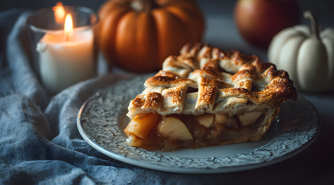 A slice of freshly baked apple pie sits on a decorative plate, surrounded by pumpkins and a glowing candle