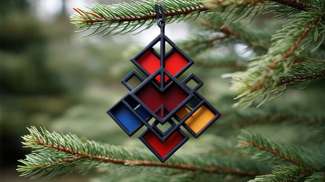 A colorful geometric ornament hangs from a pine tree branch. The ornament has a black frame with red, blue, and yellow glass. The background is blurred.